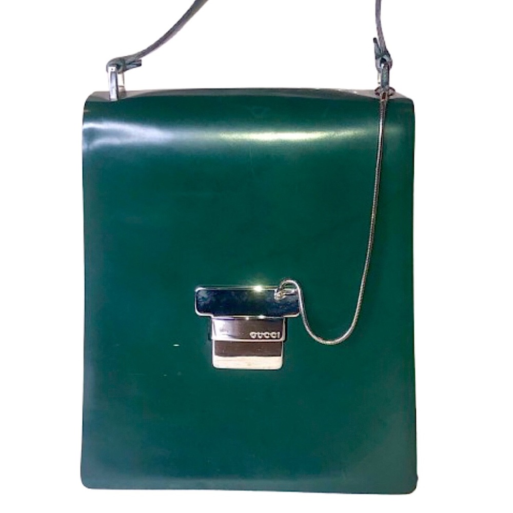 VINTAGE GUCCI Deep Green Patent Leather Shoulder Bag w Silver Metal Closure RARE
